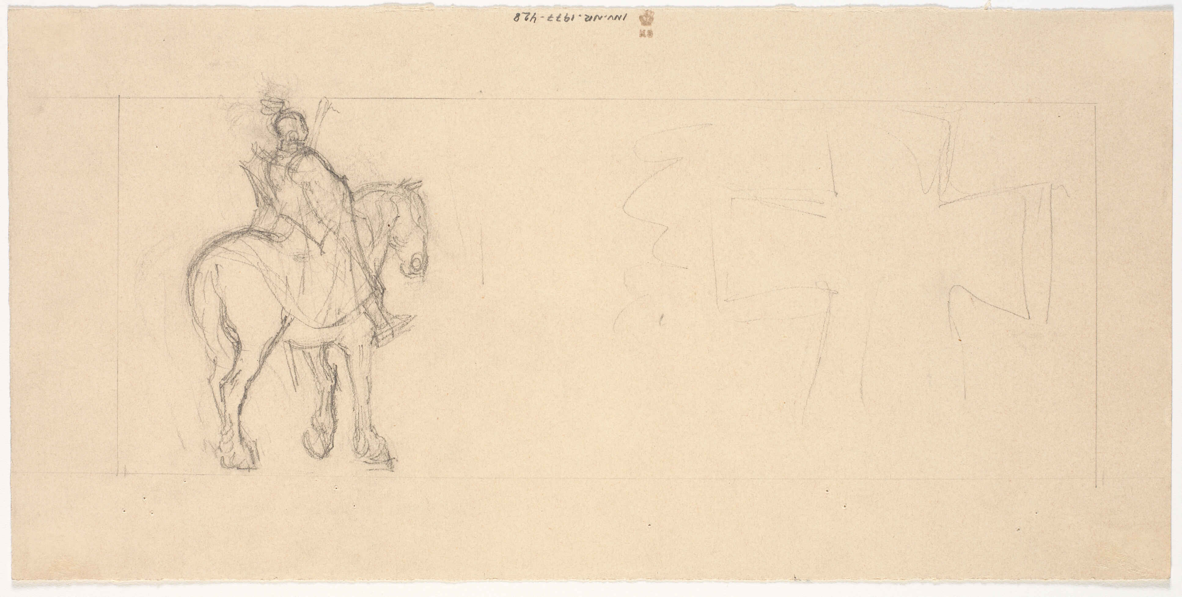 Skitse af ridder til hest foran stor kors